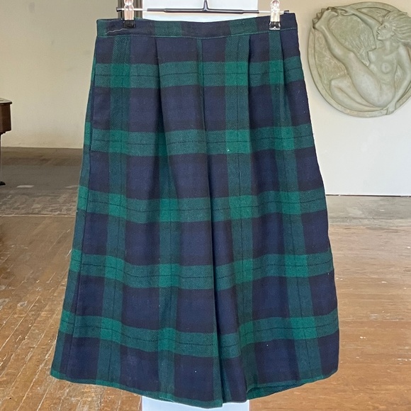 Blair Pants - Green and blue Plaid wool blend Bermudas/ wide long shorts